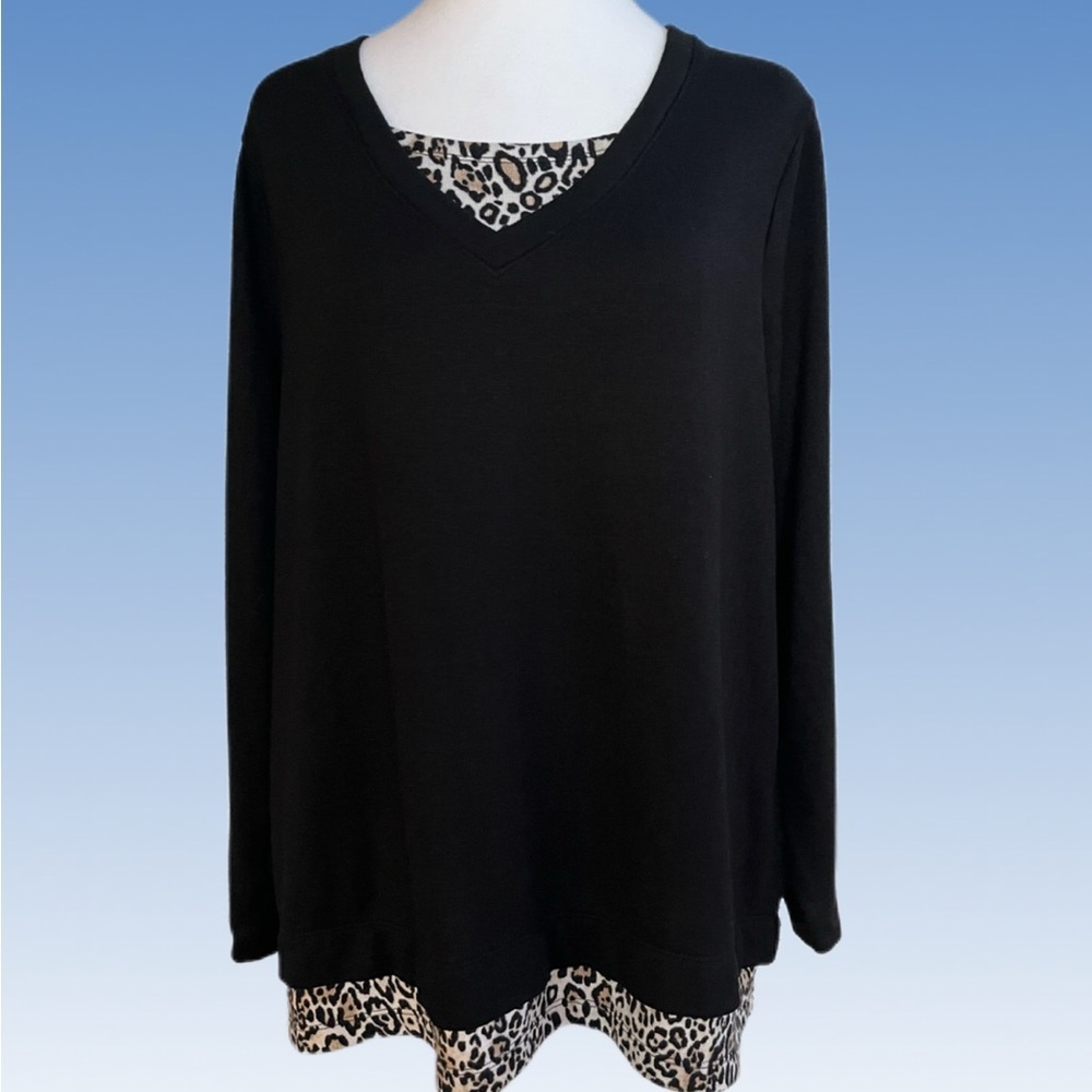 Chico's Black Long Sleeve Top with Leopard Accent